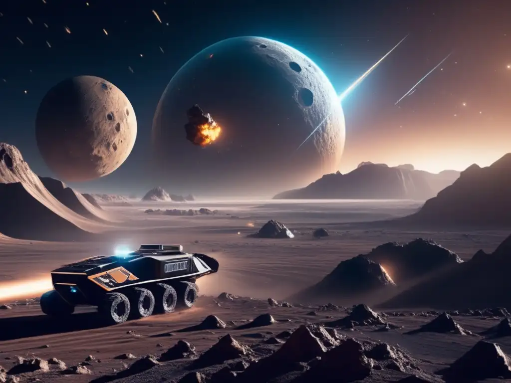 Extracción de recursos en asteroide futurista Influencia de asteroides en política exterior: mineros espaciales trabajando en operación de extracción en asteroide