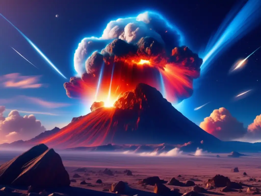 Colisión de asteroide crea impactante escena Influencia asteroides cambio climático: Imagen impactante de un asteroide masivo en llamas, creando una onda de choque y alterando la atmósfera