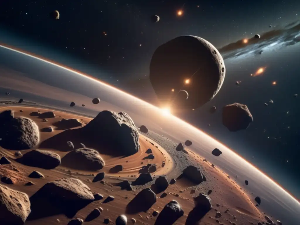 Impresionante cinturón de asteroides celestiales Influencia asteroides cambio climático: impresionante escena celeste con asteroides variados y detallados, texturas rugosas y colores cautivadores
