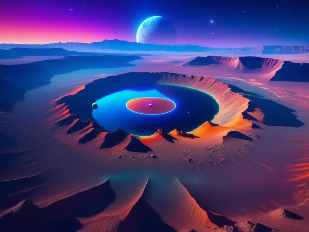 Impactante paisaje alienígena con gran cráter Influencia cráteres en cultura y mitología: paisaje extraterrestre con gran impacto, lago sereno, exploradores maravillados