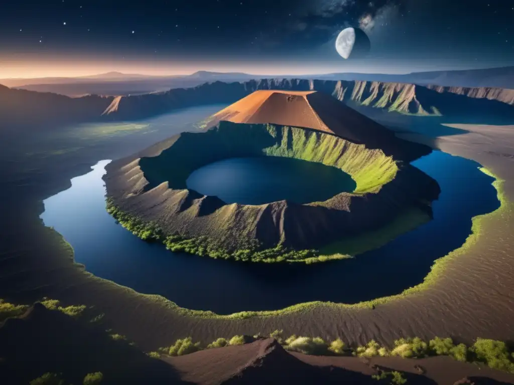 Impresionante imagen 8k de un majestuoso cráter bajo un cielo estrellado Influencia cráteres en cultura y mitología, belleza impactante de la imagen 8k detallada, majestuoso paisaje celeste
