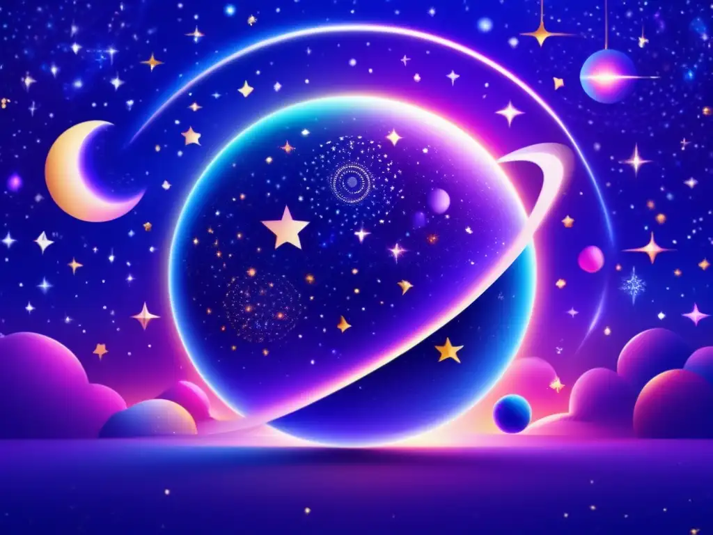 Ilustración cósmica: astros, zodíaco y asteroides Influencia astrológica de asteroides: ilustración detallada de una danza cósmica con cuerpos celestiales en un cielo estrellado