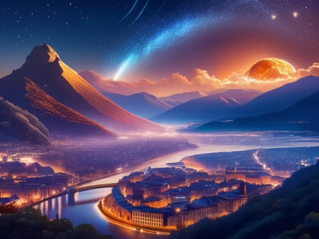 Impactante noche estrellada con asteroide Influencia histórica clave de asteroides en una ciudad nocturna rodeada de montañas
