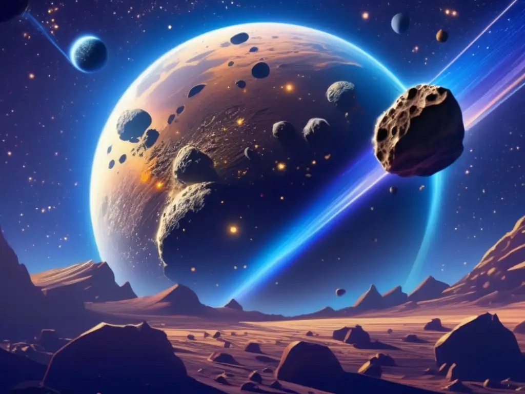 Asombroso asteroide amenazante Influencia de los mitos modernos sobre asteroides: noche estrellada, asteroide en colisión con la Tierra, colores vibrantes, impacto potencial