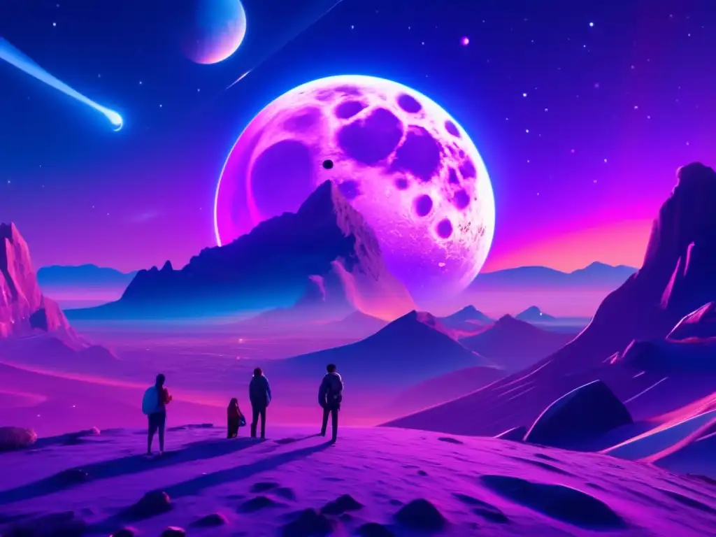 Noche estrellada con asteroide y personas Influencia de mitos modernos en asteroides: noche estrellada con luna llena, asteroide metálico, nebulosa colorida, personas asombradas