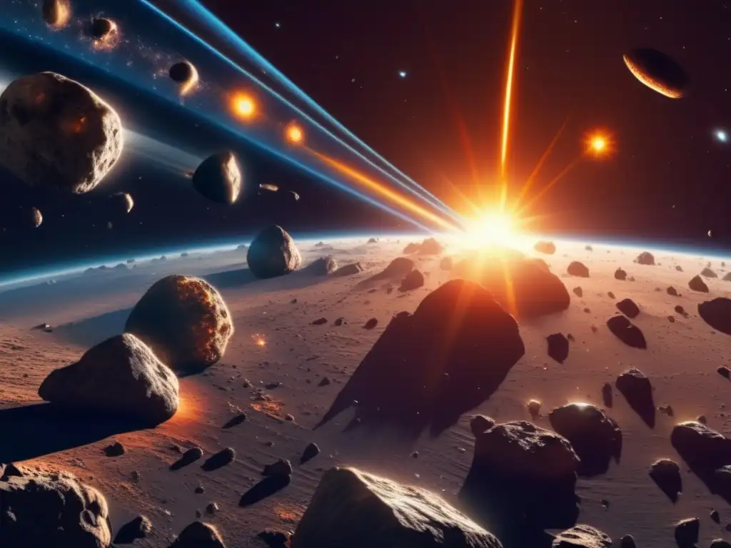 Influencia del Sol en asteroides Influencia del Sol en órbitas asteroides: imagen ultradetallada 8k que muestra el efecto solar en trayectorias asteroidales