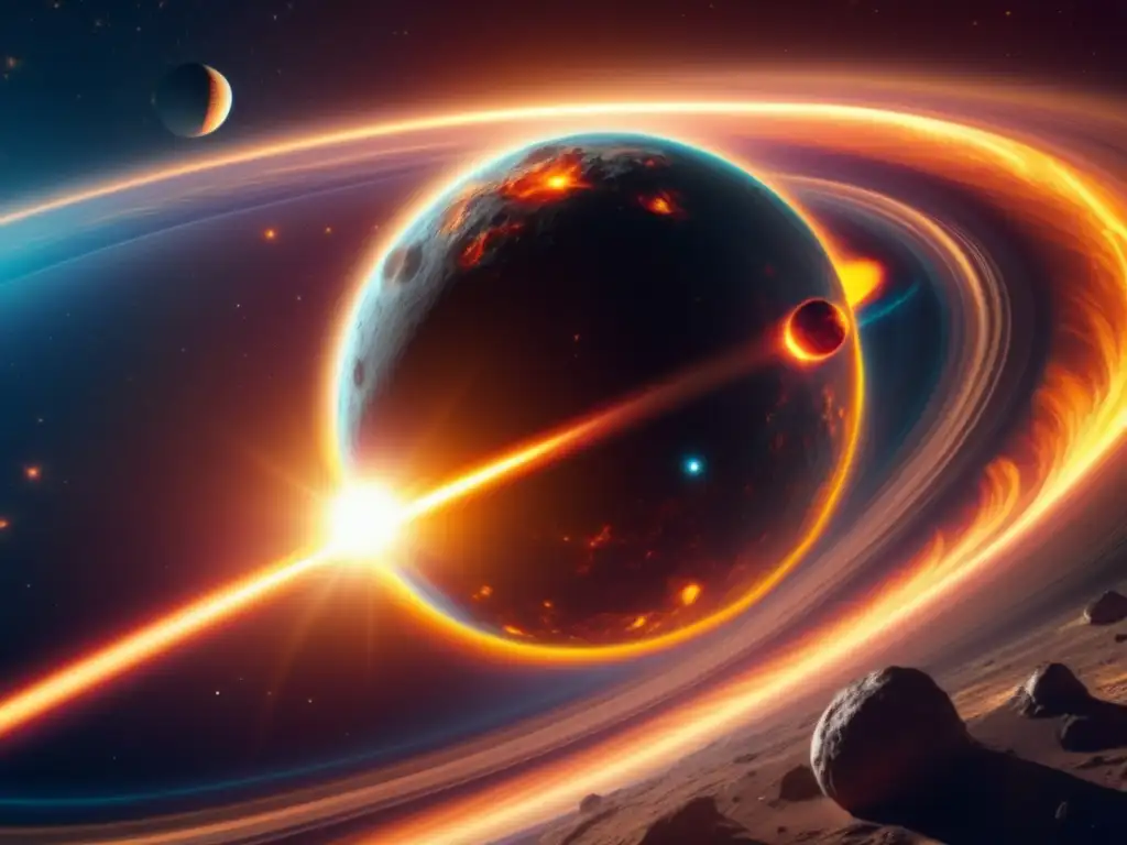 Influencia solar en órbita de asteroide Influencia del Sol en órbitas de asteroides, imagen 8k detallada muestra escena dinámica en el espacio