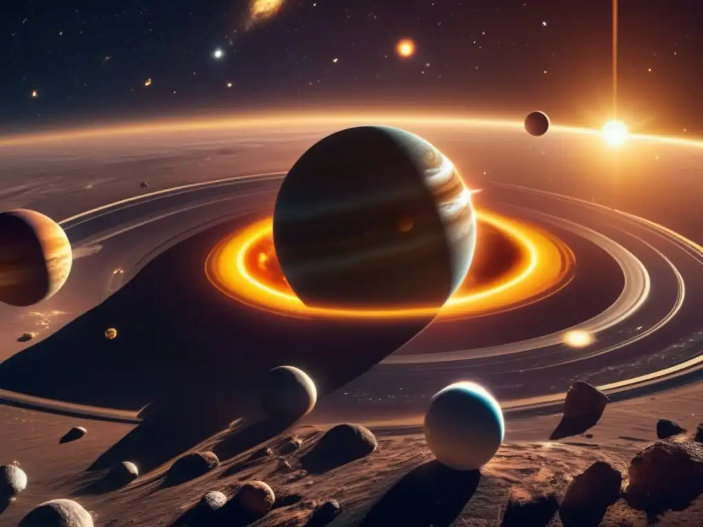 Espléndido sistema solar: sol, asteroides y estrellas Influencia del Sol en órbitas asteroides: imagen impresionante del sistema solar con detalle ultradetallado