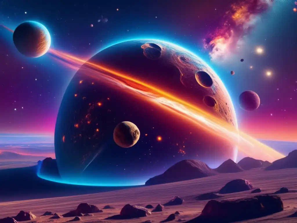 Influencia troyanos mareas cósmicas gravedad: imagen impresionante de un asteroide gigante rodeado de polvo cósmico y ondas gravitacionales