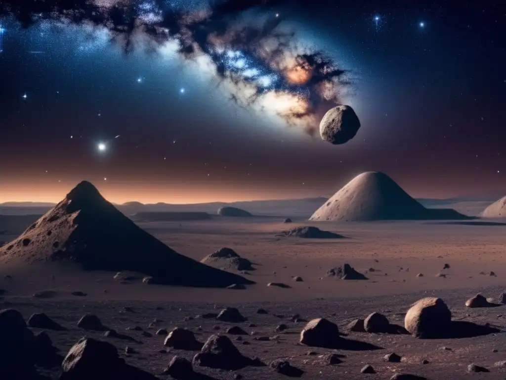 Influencia troyanos órbitas satélites: vista impactante del espacio, con asteroide irregular rodeado de estrellas y satélite en órbita