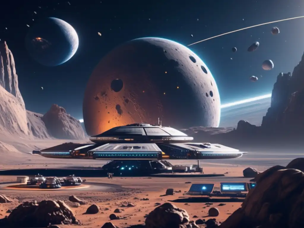 Estación espacial futurista y asteroide Infraestructura avanzada para minería en asteroides