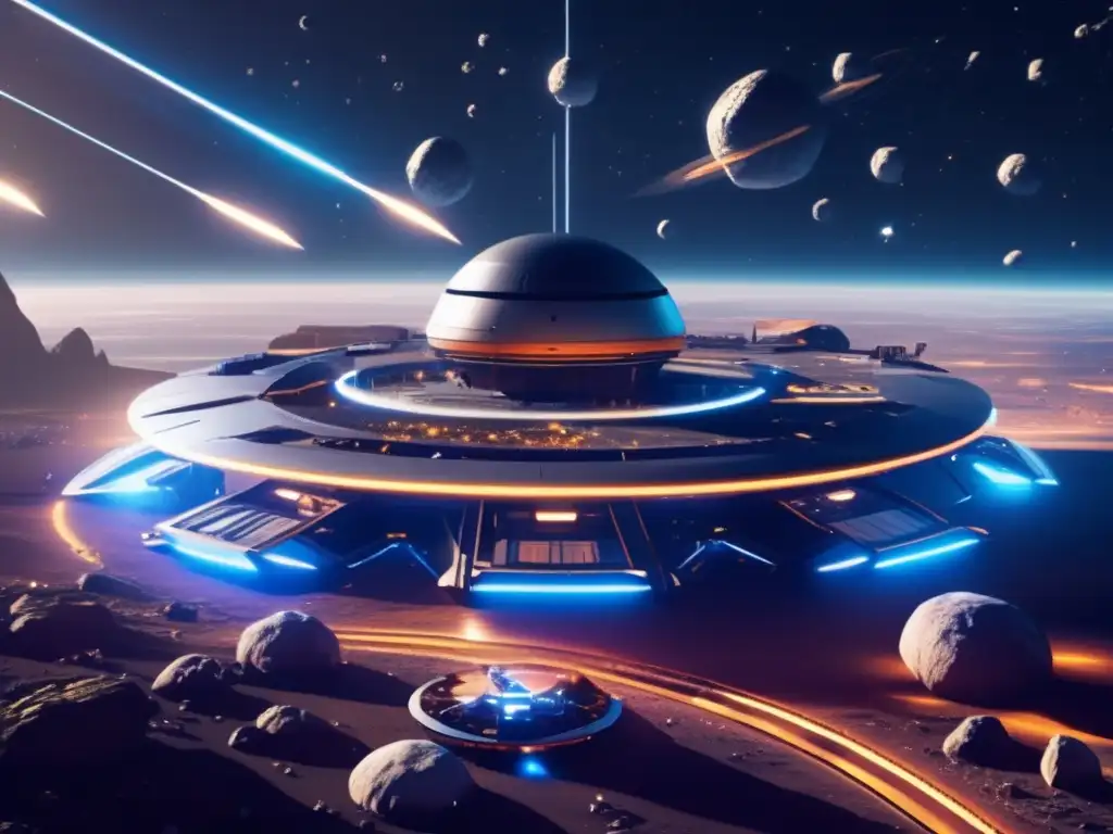 Infraestructura económica minería asteroides: estación espacial futurista rodeada de asteroides flotantes y naves mineras