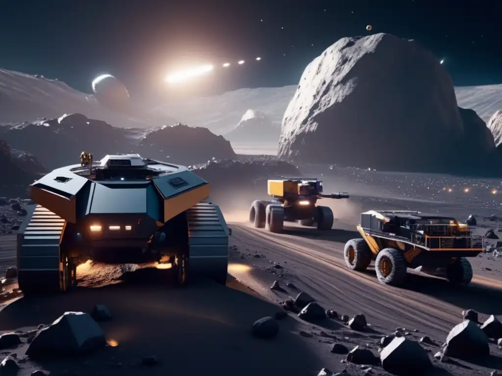 Infraestructura minera en asteroide: operación futurista de extracción de recursos con avanzada tecnología y nave de transporte