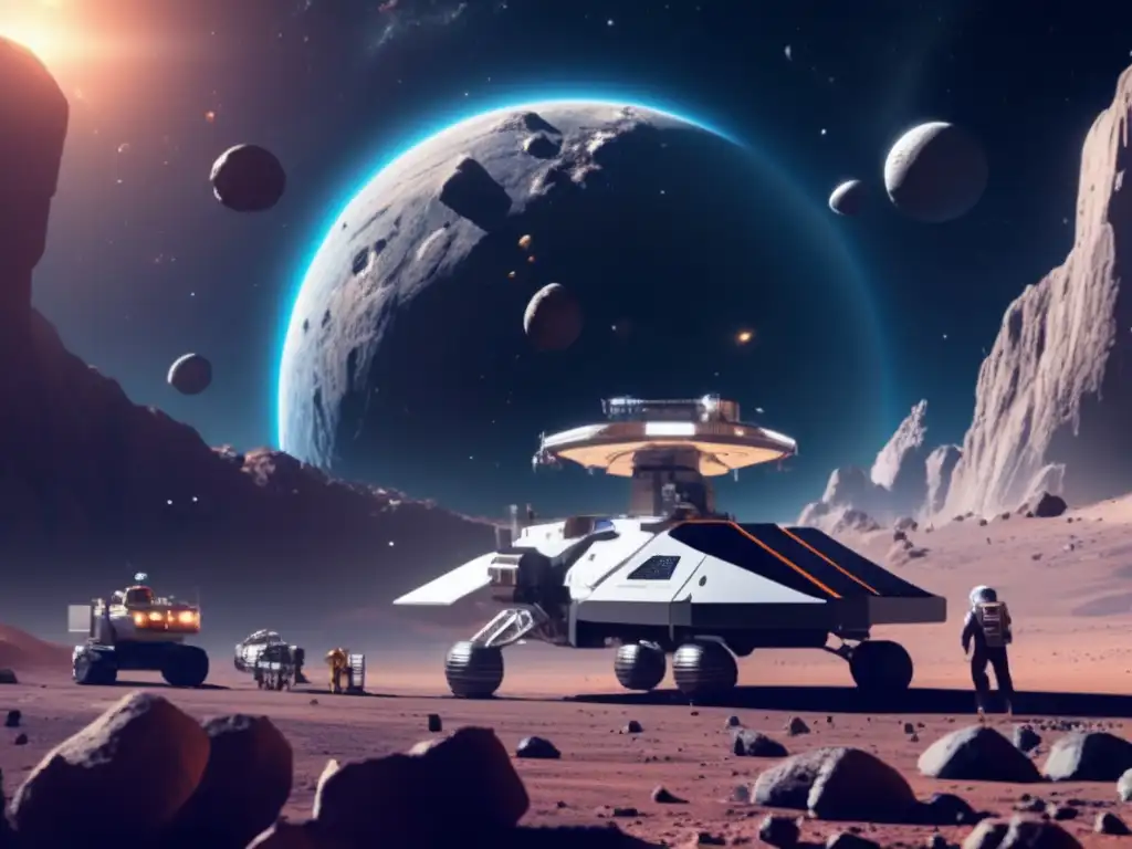 Estación espacial futurista y asteroides mineros Infraestructura para minería en asteroides: Estación espacial futurista orbitando asteroide con operaciones mineras