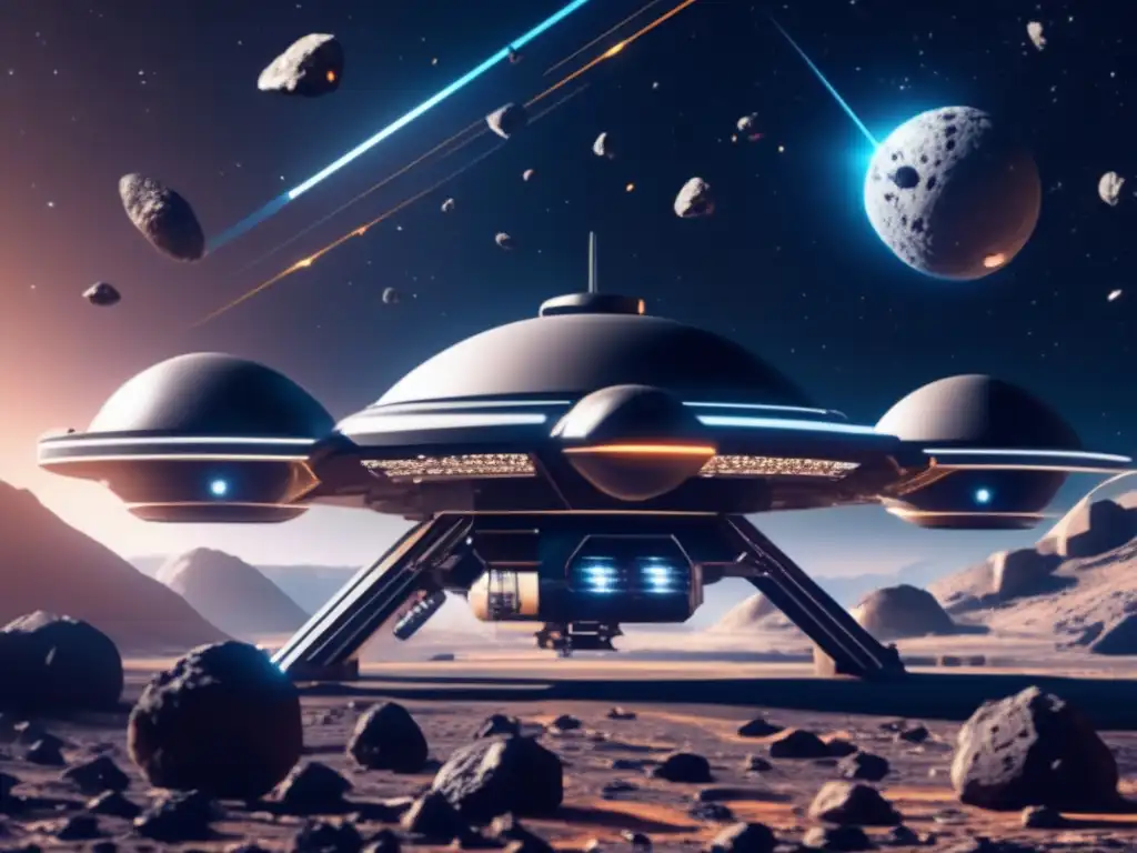 Estación espacial futurista en asteroides Infraestructura para minería en asteroides: Estación espacial futurista flotando entre asteroides, con tecnología avanzada y drones mineros