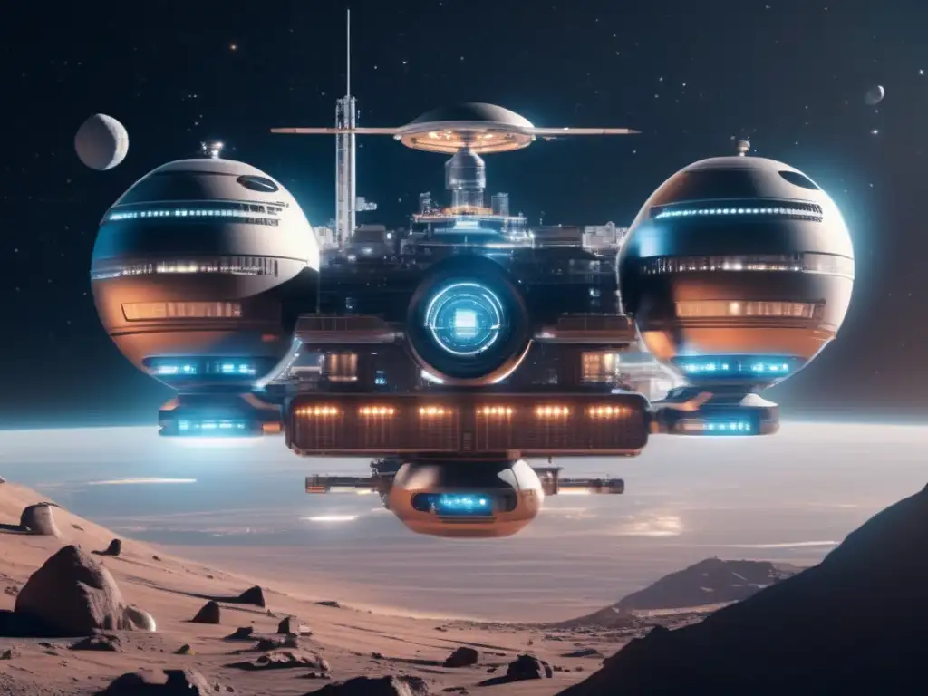 Estación espacial futurista flotando en el espacio Infraestructura para minería en asteroides en una estación espacial futurista flotando en el espacio