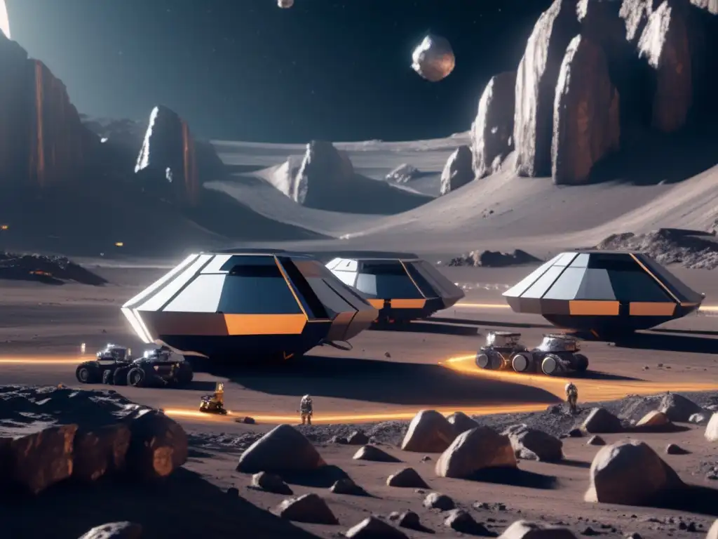 Futuro de la minería espacial Infraestructura minería en asteroides: Futurista imagen 8k detalla moderno centro minero espacial en asteroide