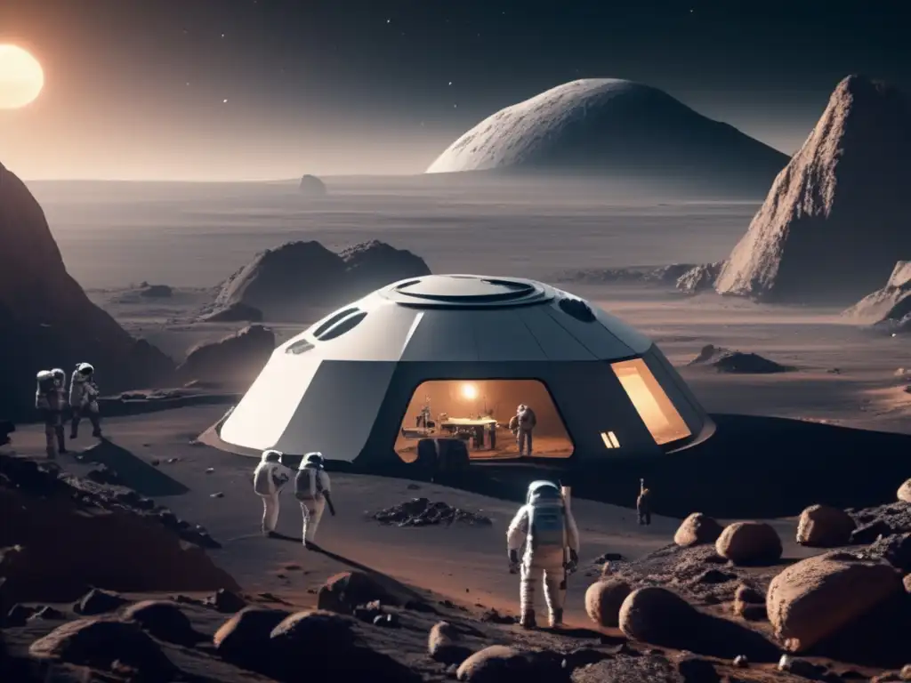 Ingenieros construyendo domo en asteroide Ingenieros en trajes espaciales construyen domo para adaptar vida terrestre en asteroides