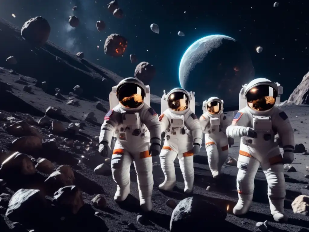 Astronautas internacionales explorando asteroides Exploración internacional de asteroides: astronautas en traje espacial colaborando en el espacio