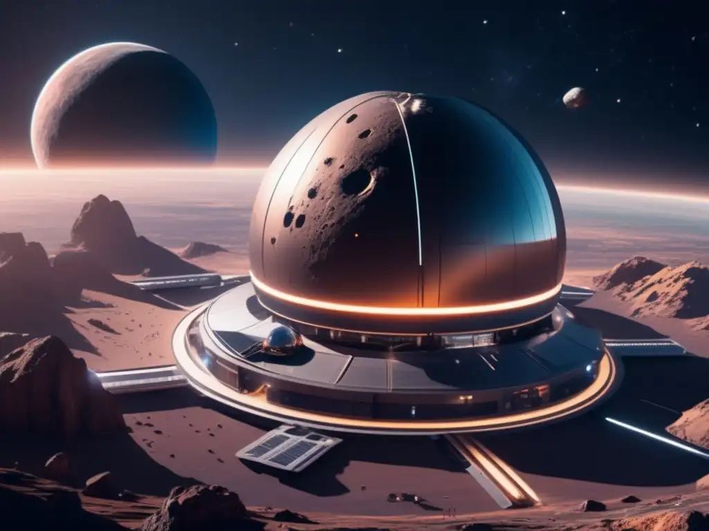 Estación espacial futurista en asteroide Cooperación internacional: minería asteroides