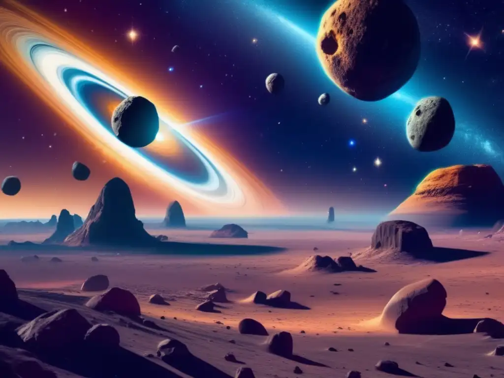 Espacio infinito: asteroides y galaxias Tratados internacionales sobre asteroides: Imagen impresionante del espacio con asteroides flotando y galaxias coloridas
