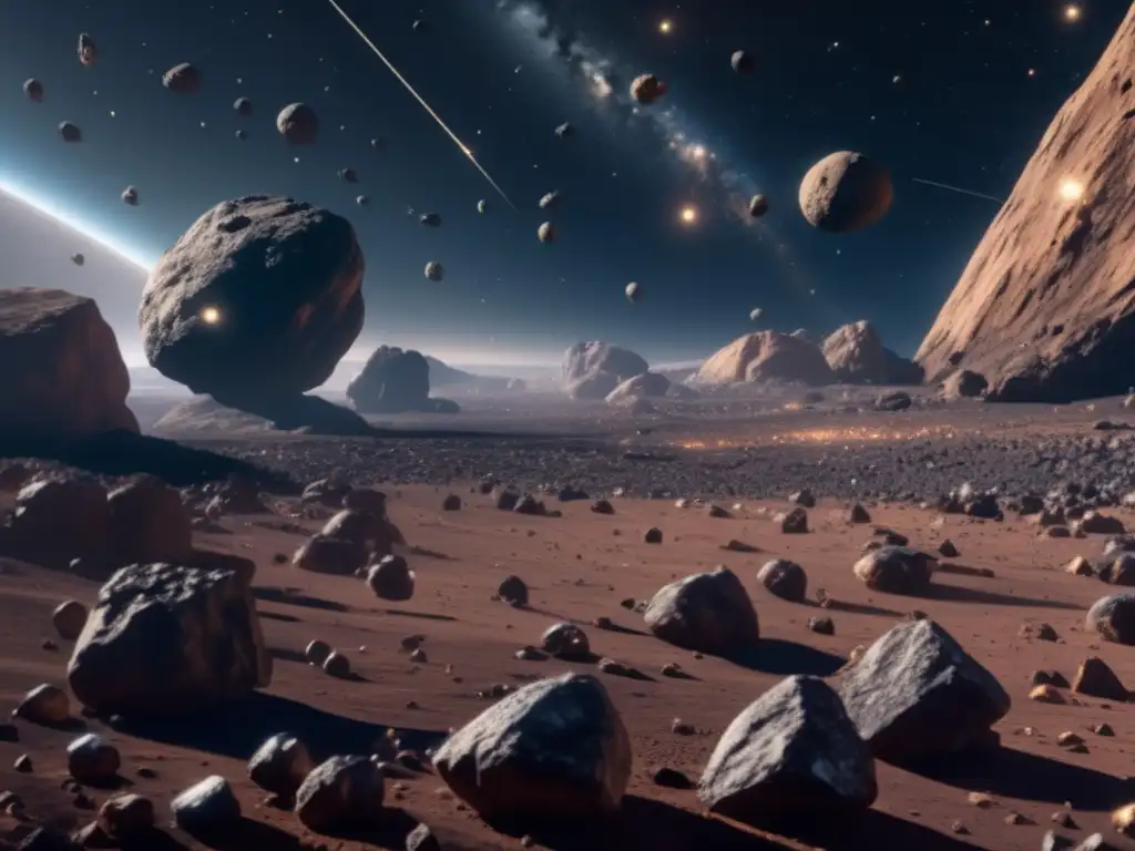 Exploración equitativa de asteroides Tratados internacionales beneficios equidad asteroides en imagen de campo de asteroides con científicos y tecnología avanzada-
