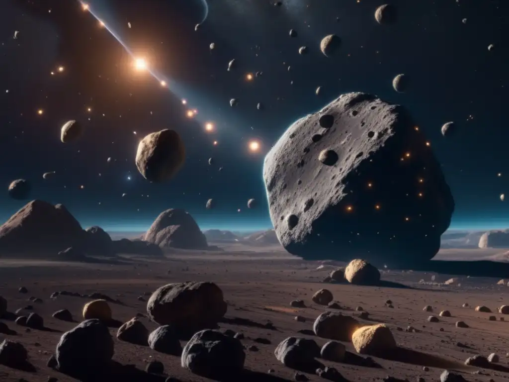 La equitativa distribución de recursos asteroidales Tratados internacionales beneficios equidad asteroides en una imagen con majestuoso campo de asteroides y delegados de diferentes naciones