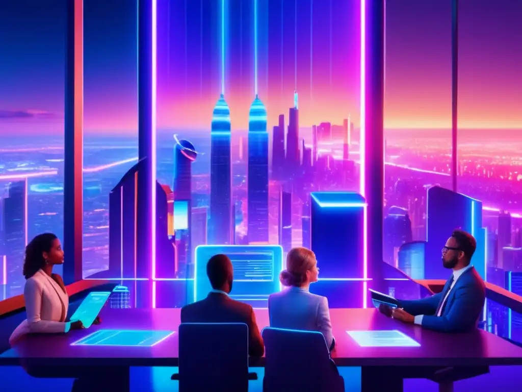 Ciudad futurista con expertos legales discutiendo Interpretaciones legales amenaza espacial en futurista ciudad nocturna con hologramas y expertos legales discutiendo
