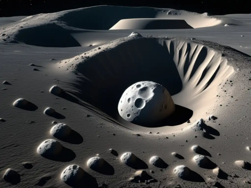 Superficie detallada de asteroide Investigaciones recientes sobre asteroides: Detalle de superficie de asteroide con cráteres y nave espacial recolectando muestras