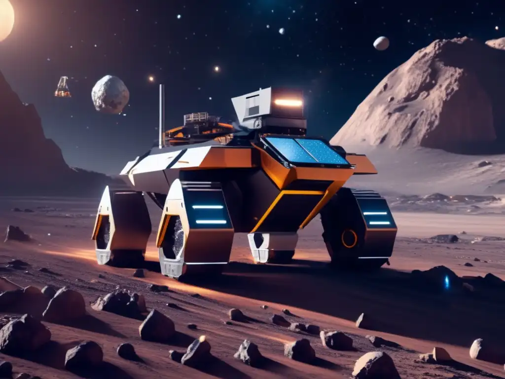 Futuro de la minería espacial Investigaciones recientes sobre asteroides: Futurista operación minera espacial en un asteroide, con avanzada tecnología y recursos preciosos