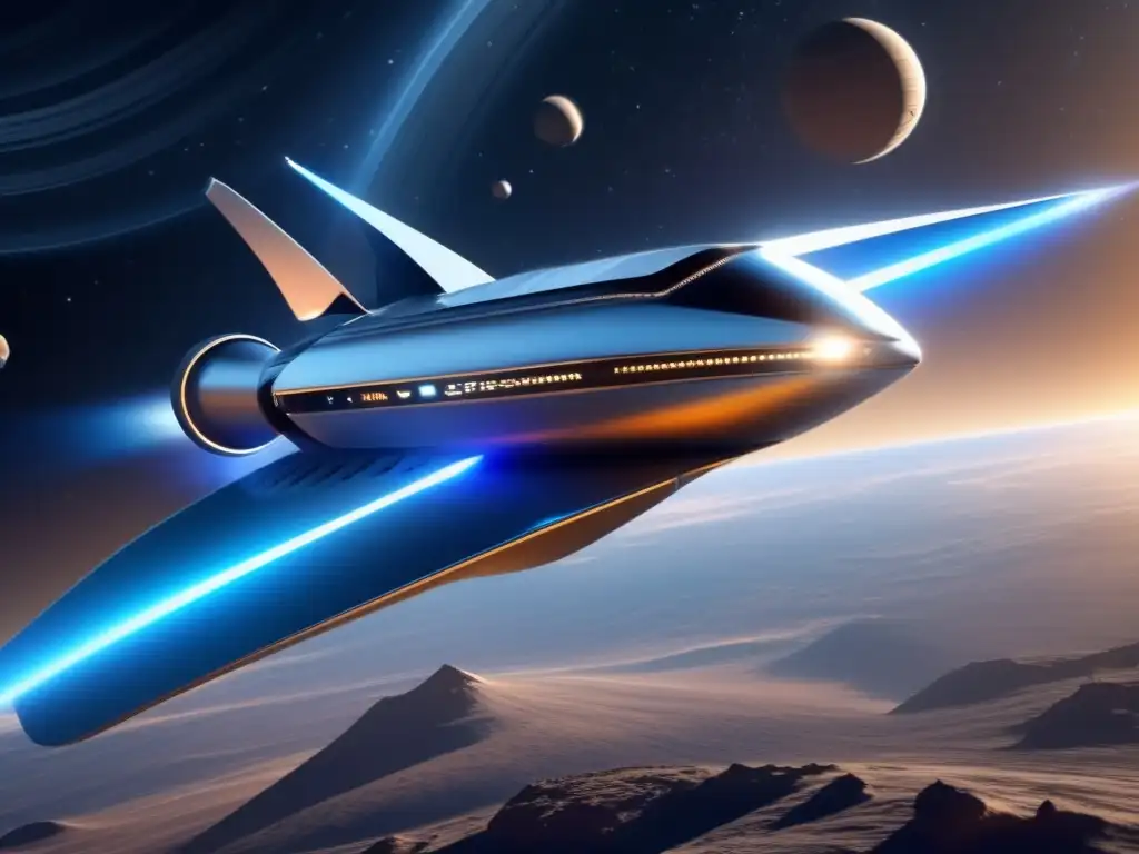 Nave espacial futurista en el espacio Propulsión Iónica en viajes espaciales - Imagen 8k ultradetallada de una nave espacial futurista propulsada por iones, surcando el espacio