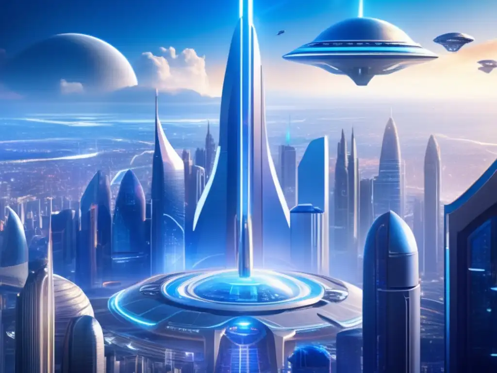 Futurista ciudad con cúpula protectora y naves espaciales Juego de estrategia: Futurista ciudad bajo cúpula, defensa avanzada, expertos analizando datos para salvar la Tierra