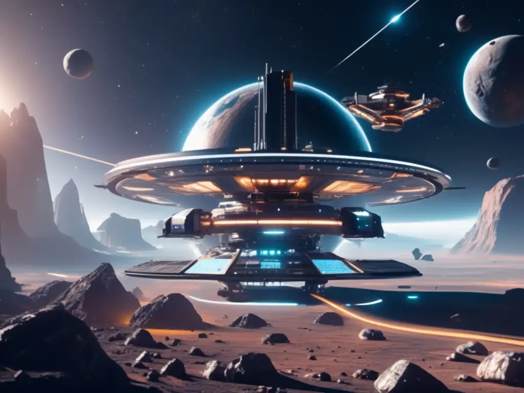 Estación espacial futurista flotando en el espacio Juego de minería espacial con asteroides