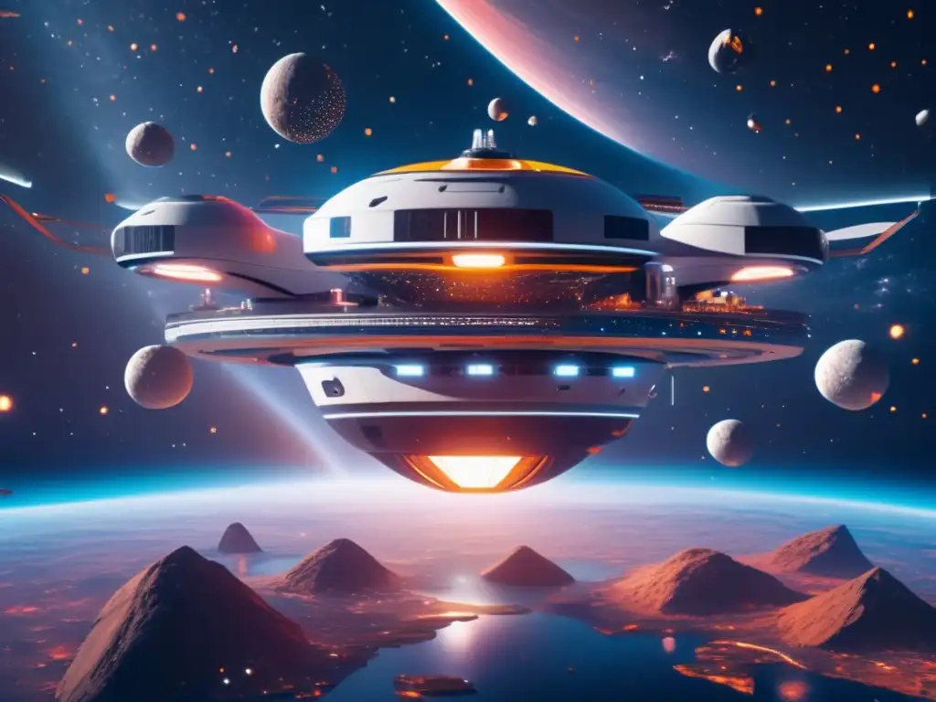 Estación espacial futurista rodeada de asteroides Juegos de estrategia para salvar la Tierra: Estación espacial futurista, asteroides, astronautas y belleza del espacio