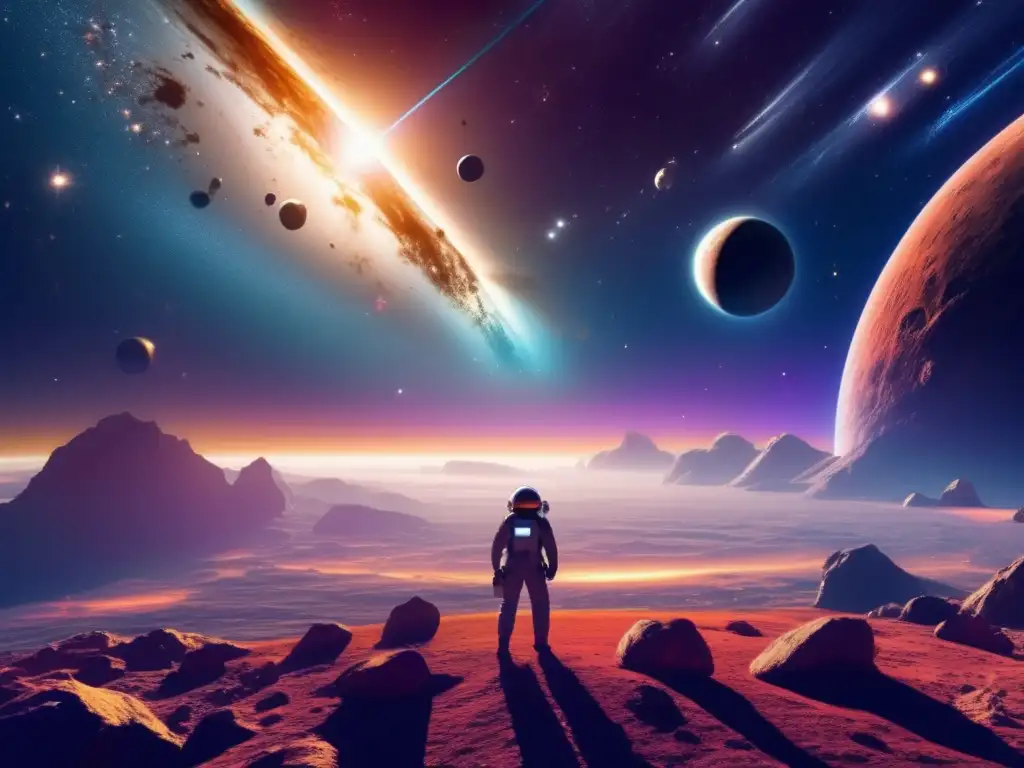 Asteroide iluminado en el espacio Jurisdicción asteroides en acuerdo lunar: vista impresionante espacio, asteroides flotan estrellas vibrantes, oportunidades exploración