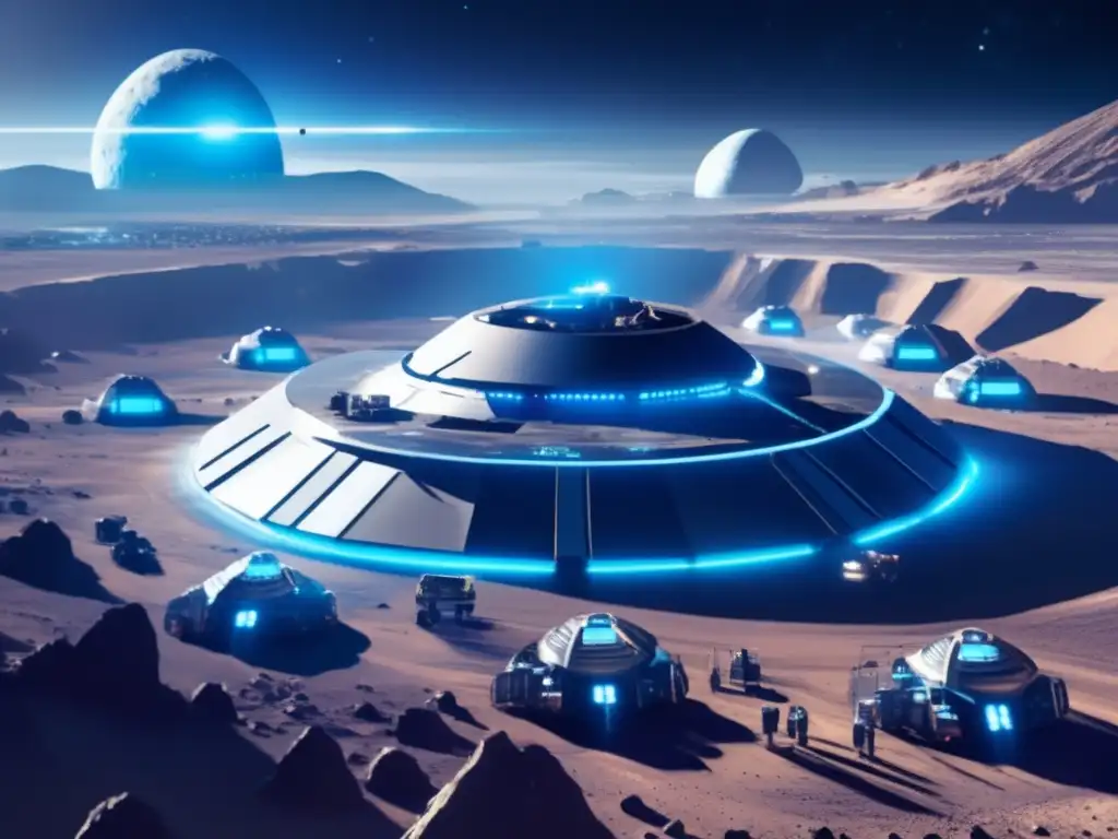 Minería espacial futurista en asteroide Jurisdicción minería espacial: Imagen de operación minera futurista en asteroide, con instalaciones, maquinaria avanzada y naves espaciales