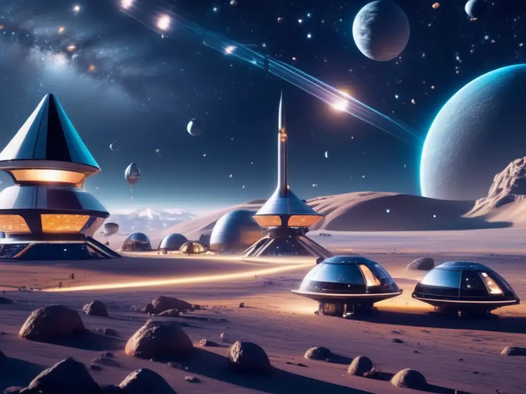 Minería espacial: colonia futurista y galaxias Jurisdicción en minería espacial: Imagen impactante de una colonia minera flotante en el espacio, rodeada de estrellas y galaxias