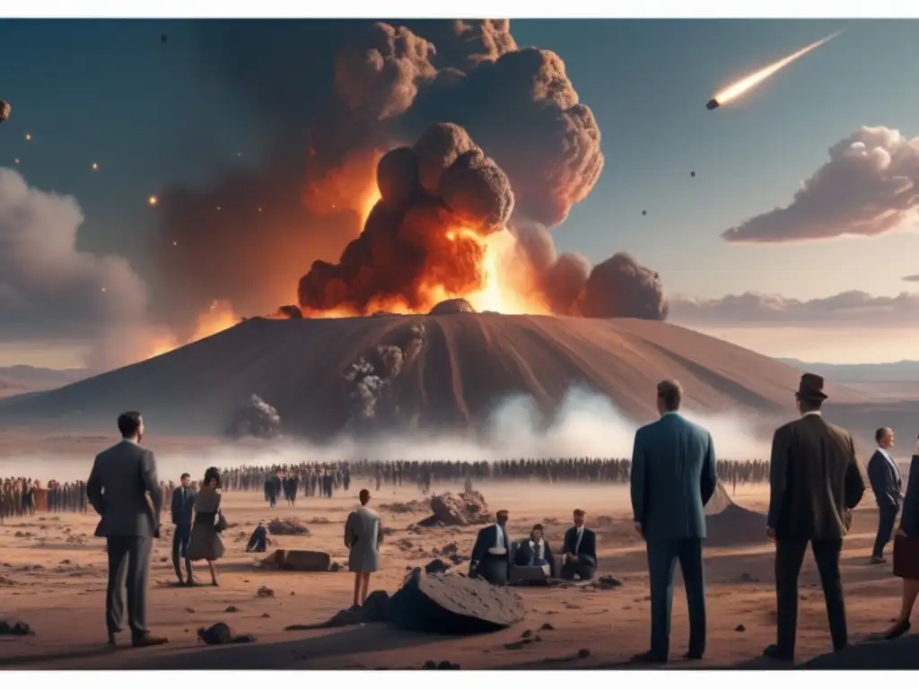 Jurisprudencia estelar: abogados y meteorito Jurisprudencia estelar: impacto de meteorito y abogados analizando fragmentos en un paisaje remoto