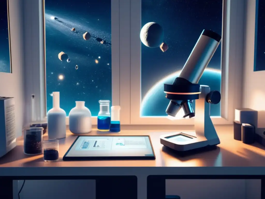 Laboratorio casero para estudiar asteroides Kit educativo asteroides en casa: laboratorio moderno con microscopio futurista, estudiantes curiosos, experimentos y aprendizaje práctico