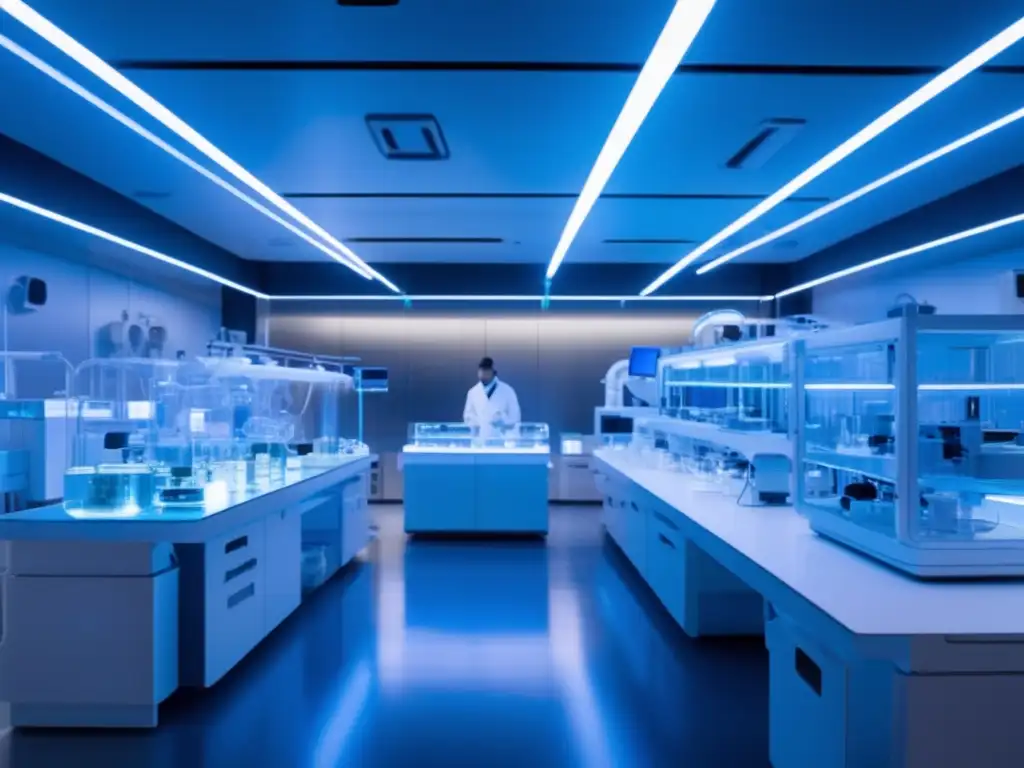 Futuro laboratorio espacial: genética y biotecnología Laboratorio espacial futurista con científicos estudiando microorganismos genéticamente modificados