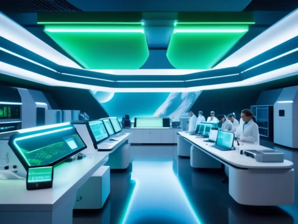 Laboratorio futurista en asteroide con científicos estudiando organismos extraterrestres para aplicaciones farmacéuticas