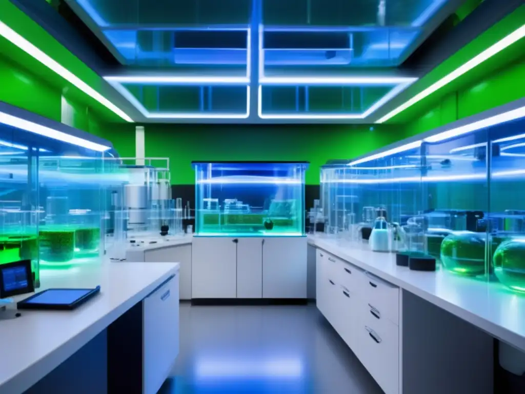 Laboratorio futurista con bioreactor y asteroides Laboratorio futurista con bioreactor transparente y científicos estudiando microorganismos asteroides para avance farmacéutico