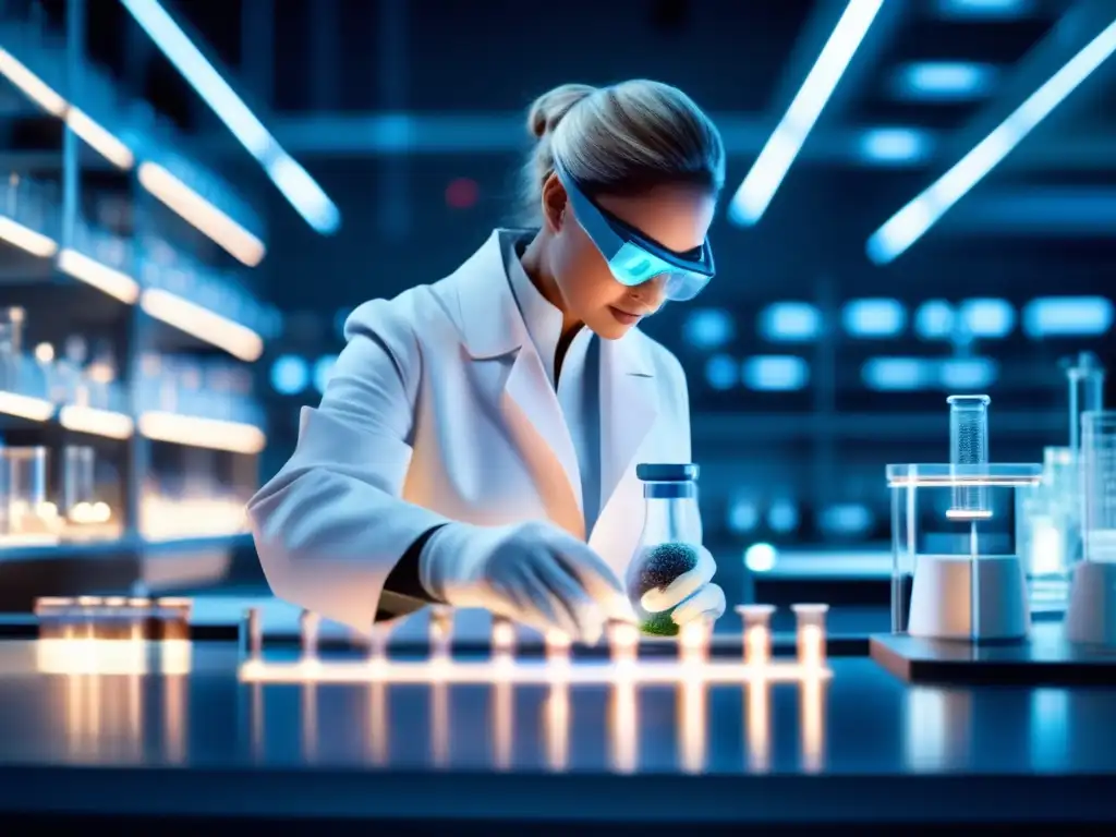 Laboratorio futurista con científico y compuestos orgánicos Laboratorio futurista con científico manipulando compuestos orgánicos de asteroides
