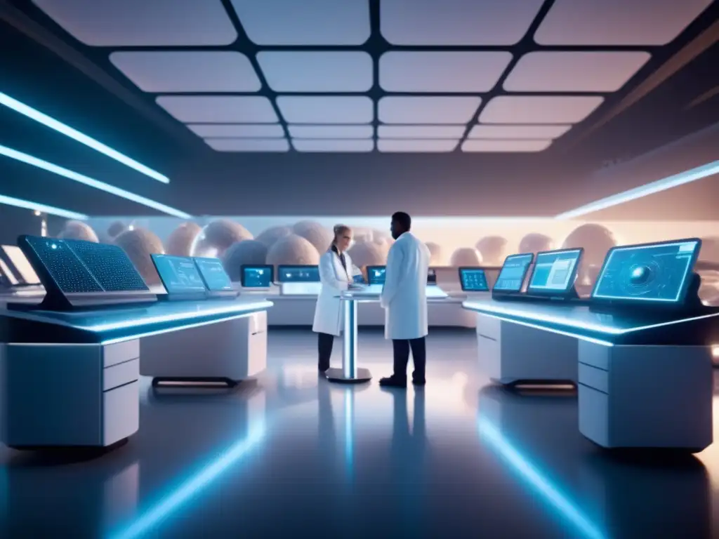 Un laboratorio futurista con científicos en batas blancas trabajando en la extracción y análisis de compuestos de asteroides