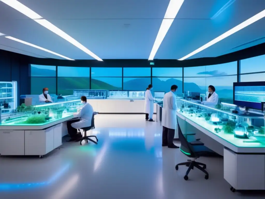 Laboratorio futurista con equipos de alta tecnología y científicos trabajando en posibilidades medicinales de asteroides