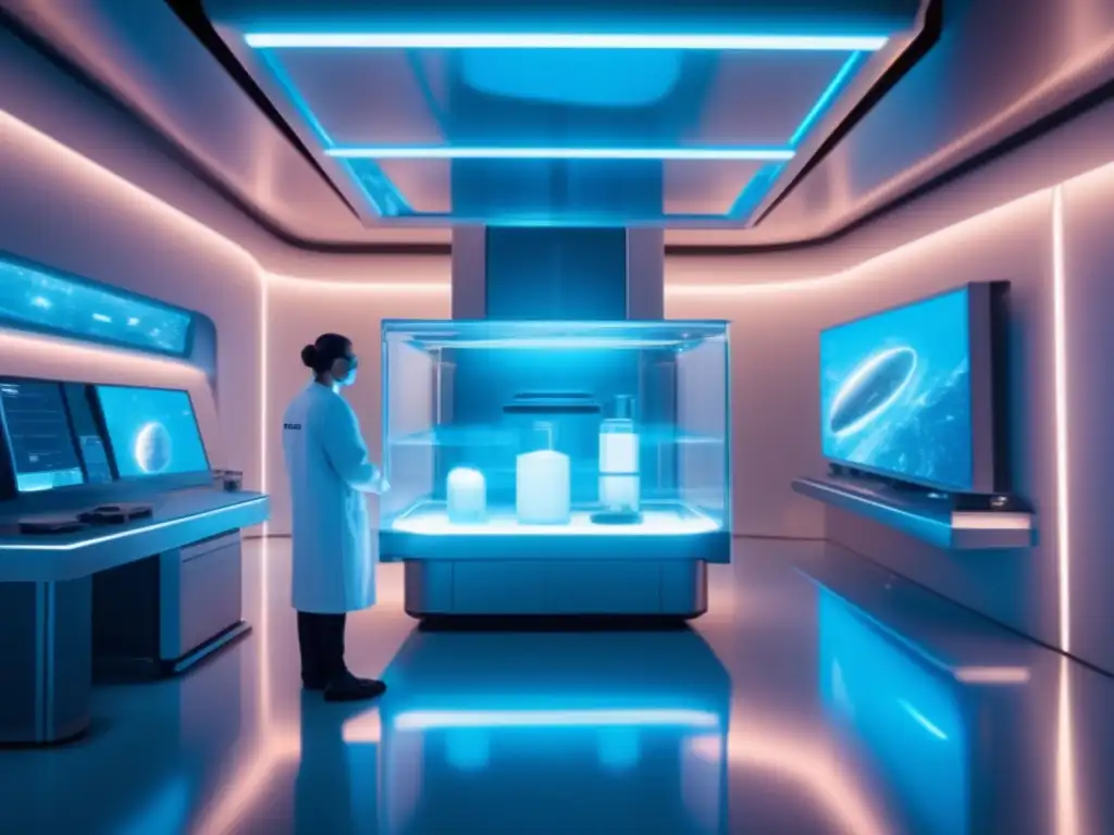 Laboratorio futurista con científico y asteroide Un laboratorio futurista iluminado en azul con equipamiento moderno y tecnología avanzada