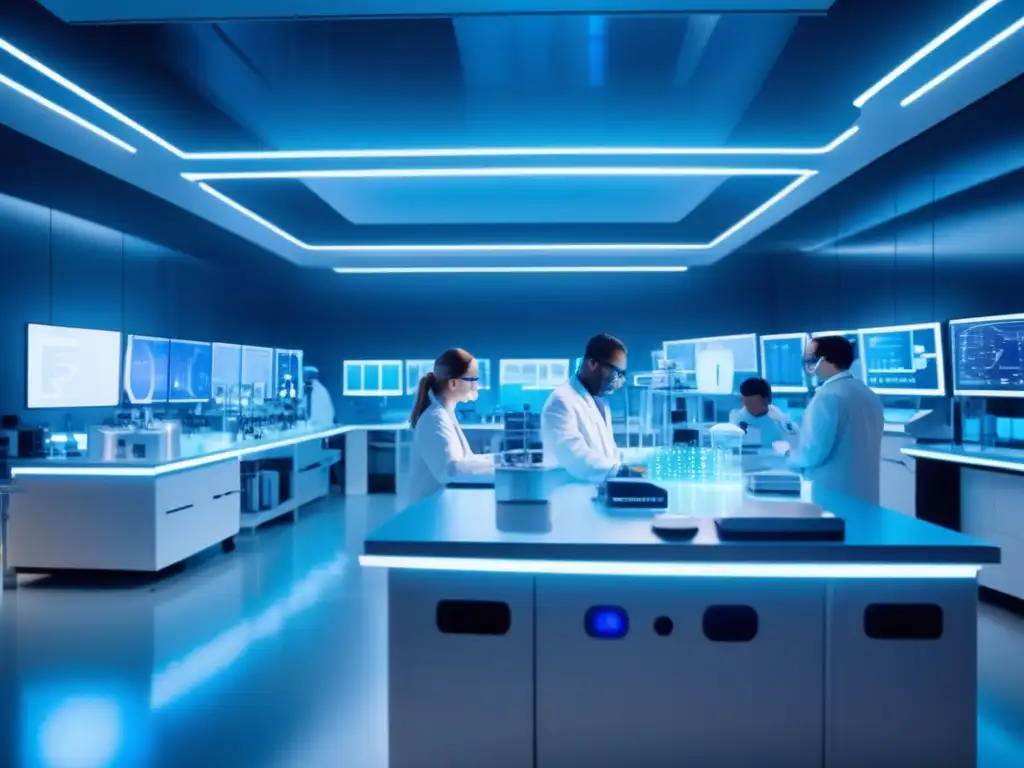 Laboratorio futurista de biomedicina Laboratorio futurista de biomedicina: investigadores trabajando en proyectos innovadores y tecnología avanzada