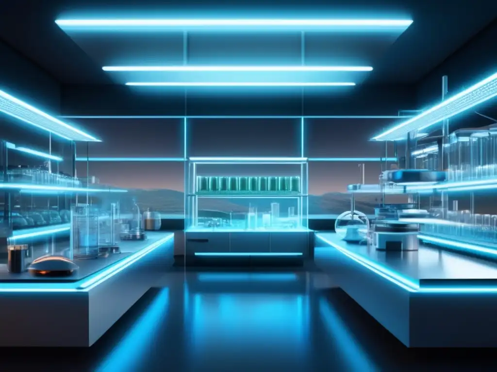 Laboratorio futurista con interface cerebromáquina Ilustración: laboratorio futurista con tecnología avanzada, cristal extraterrestre y dispositivo cerebromáquina