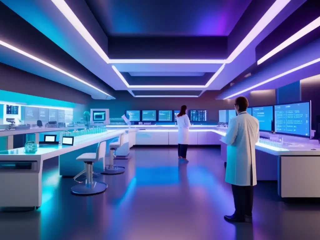 Laboratorio médico futurista con nanopartículas Laboratorio médico futurista con aplicaciones médicas de nanopartículas asteroidales