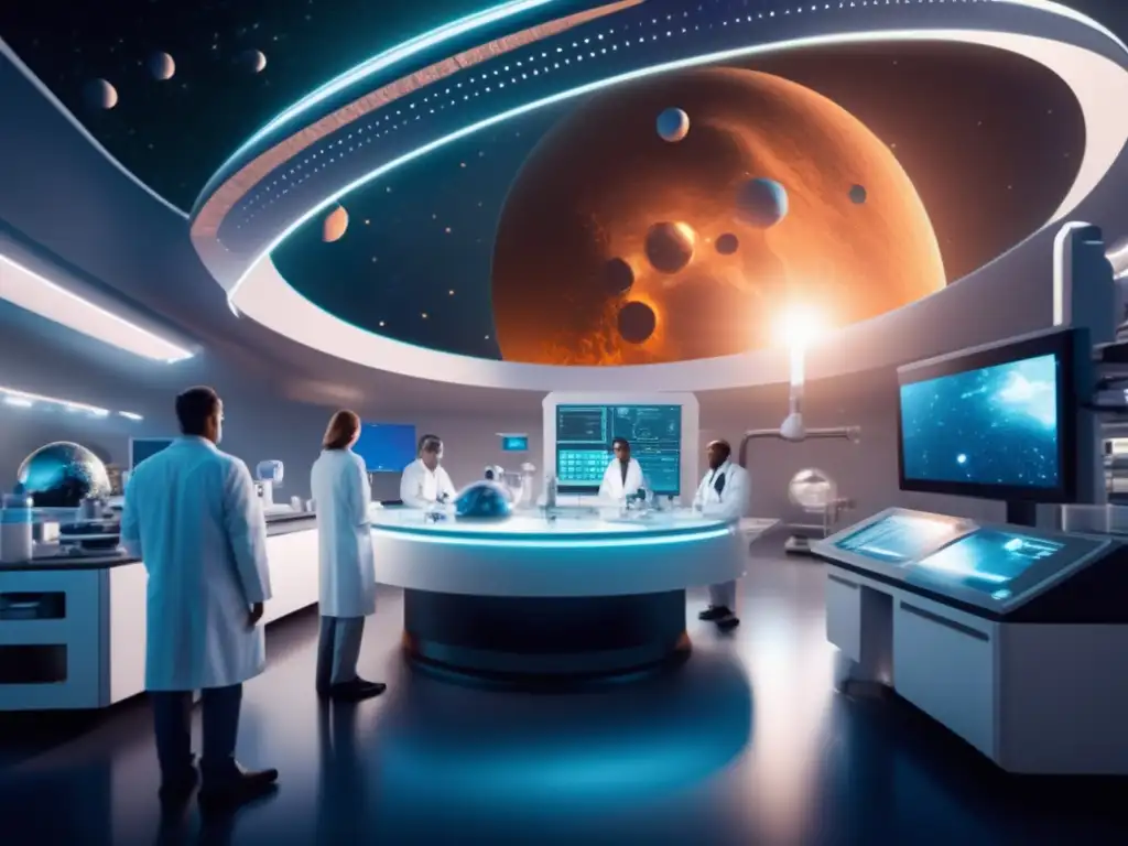 Laboratorio médico futurista en el espacio Laboratorio médico futurista en el espacio con investigación de nanotecnología utilizando nanopartículas asteroidales